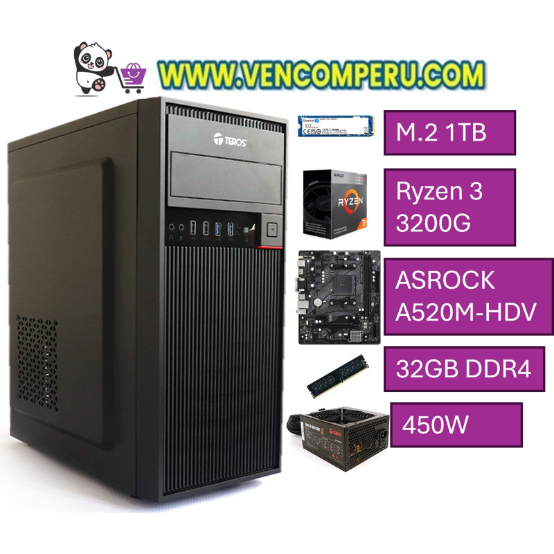 PC torre VENCOM01, Ryzen 3 3200G, ASROCK A520M-HDV, 32GB DDR4, M.2 1TB, Case teros 450W