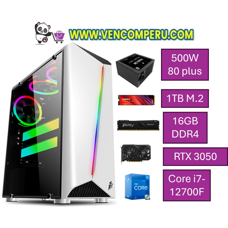 PC torre Intel Core i7-12700F, 16GB DDR4, 500W 80 plus white, msi pro H610M-S, rtx 3050 6GB, 1TB M.2