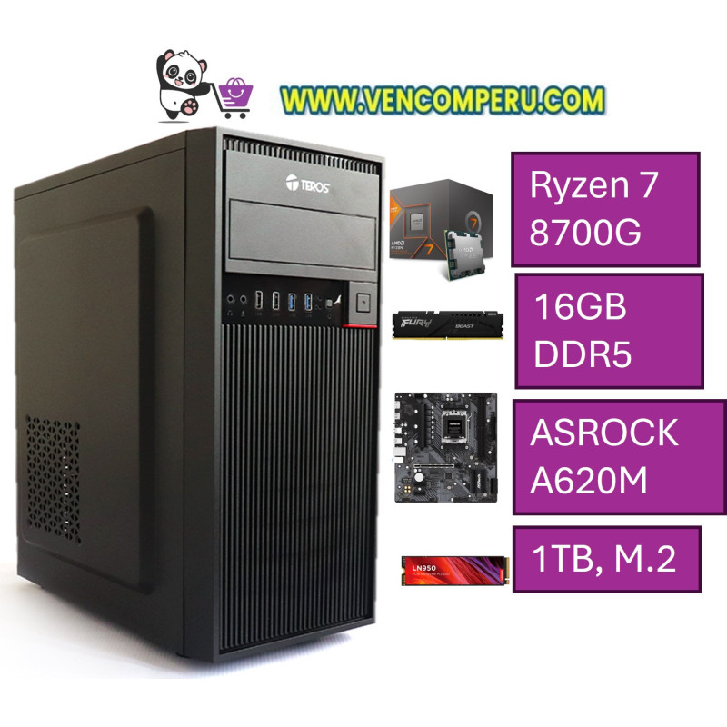 PC torre VENCOM03, AMD Ryzen 7 8700G, Case TEROS 450W, ASROCK A620M-HDV/M.2, 16GB, DDR5, 1TB M.2 2280, PCIe Gen 4